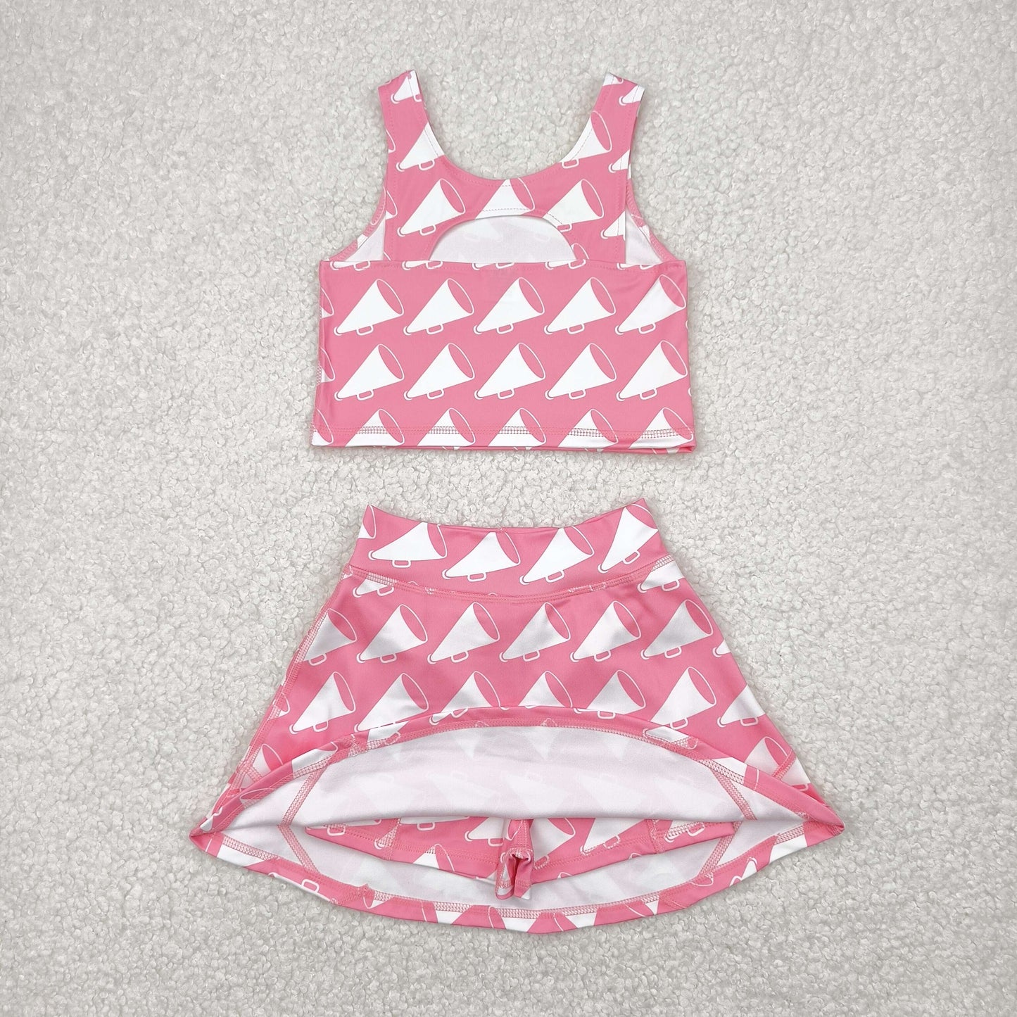 GSD1467 Cheer Pink Print Skirts With Shorts Girls Summer Yoga Clothes Set