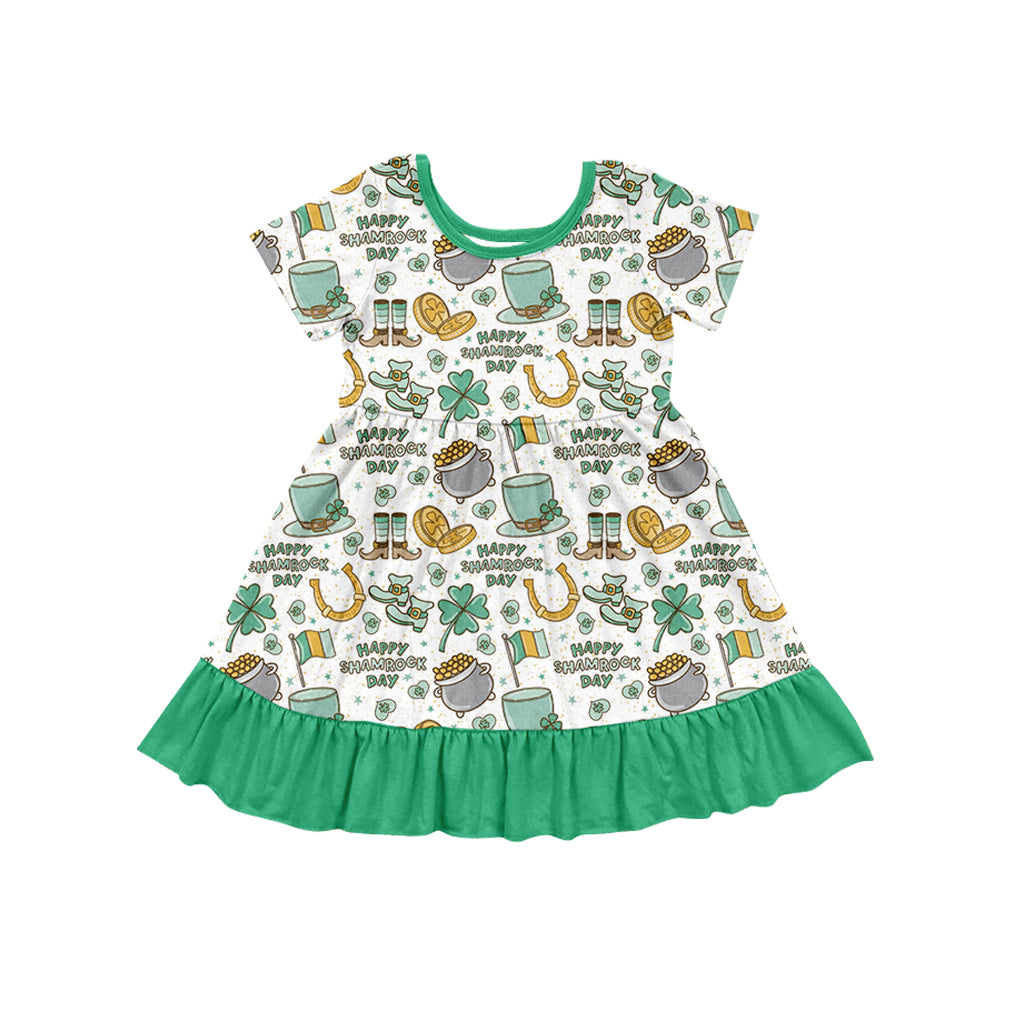 (Pre-order)GSD1477 Gold Hat Green Print Girls St. Patrick's Day Knee Length Dress