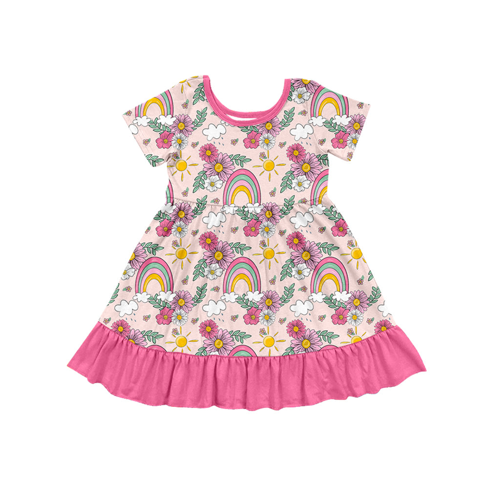 (Pre-order)GSD1478 Flowers Rainbow Print Girls Knee Length Dress
