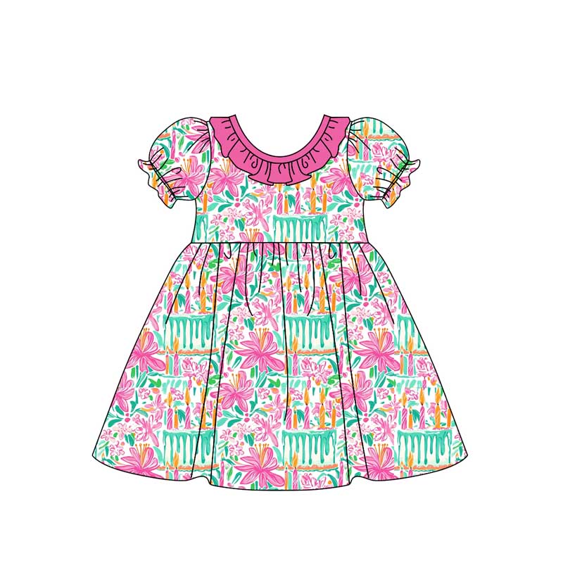 (Pre-order)GSD1479 Hotpink Flowers Print Girls Knee Length Dress