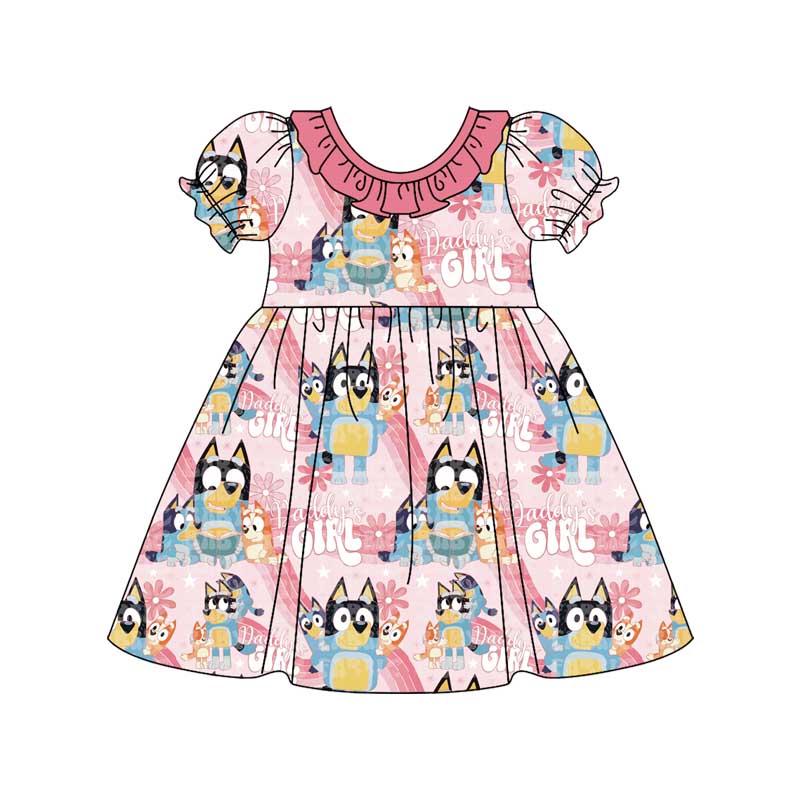 (Pre-order)GSD1494 Cartoon Dog Daddy's Girl Flowers Print Girls Knee Length Dress