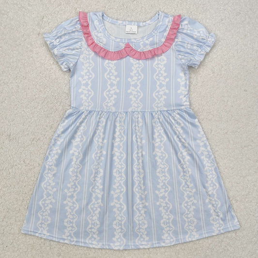 GSD1499 Blue Flowers Print Girls Summer Knee Length Dress