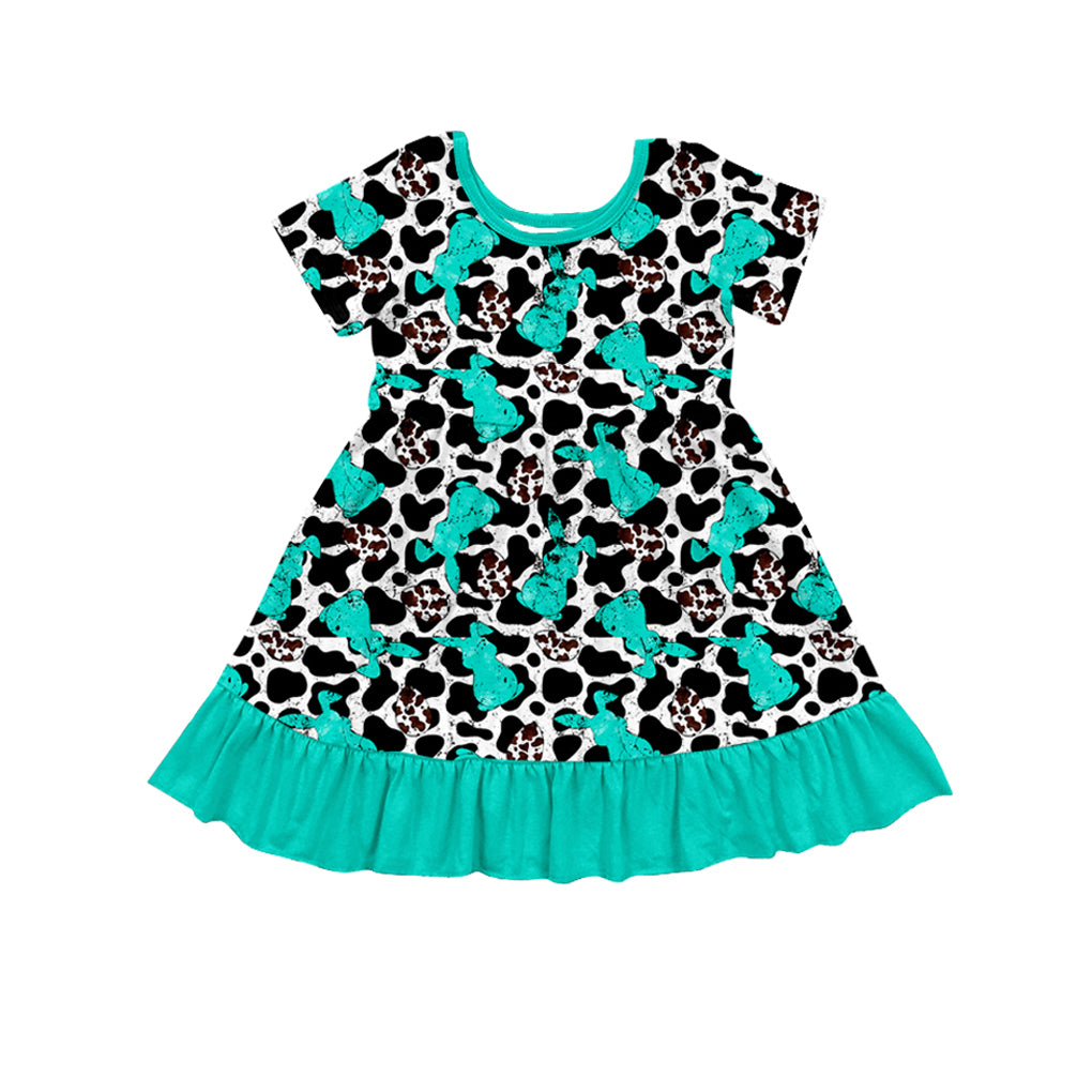 (Pre-order)GSD1513 Bunny Eggs Turquoise Print Girls Easter Western Knee Length Dress