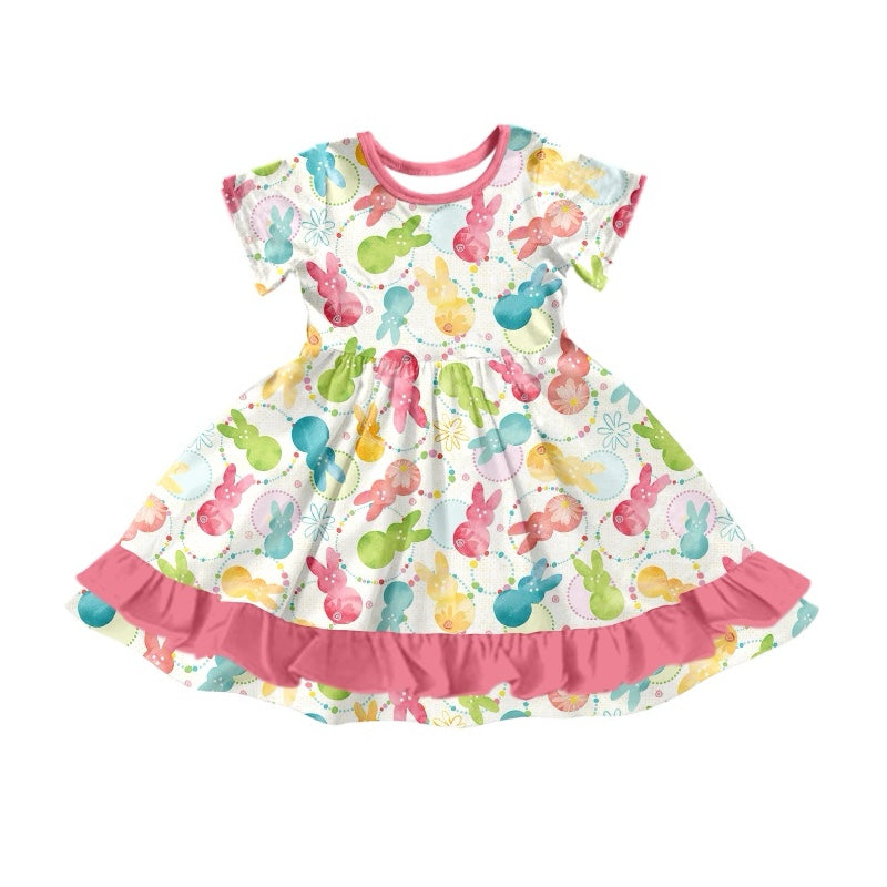 (Pre-order)GSD1517 Colorful Bunny Print Girls Easter Knee Length Dress