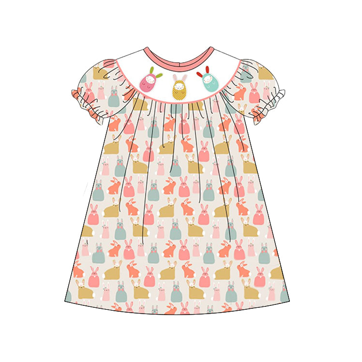 (Pre-order)GSD1550 Colorful Bunny Print Girls Easter Knee Length Dress