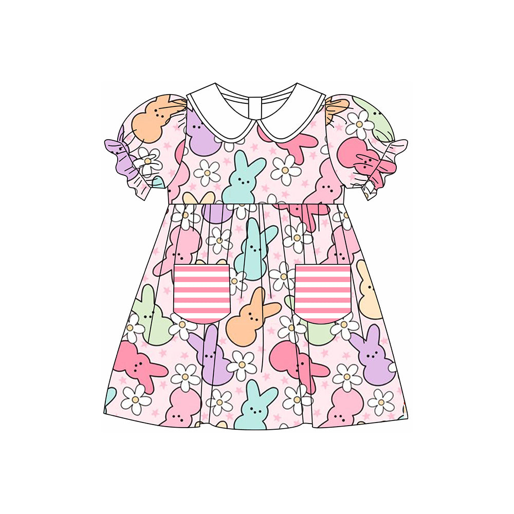 (Pre-order)GSD1552 Bunny Flowers Print Pockets Girls Easter Knee Length Dress