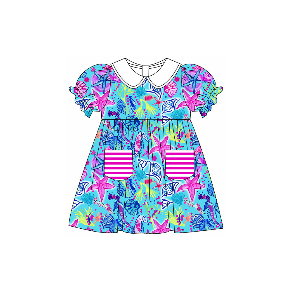 (Pre-order)GSD1561 Shell Blue Print Pockets Girls Summer Knee Length Dress