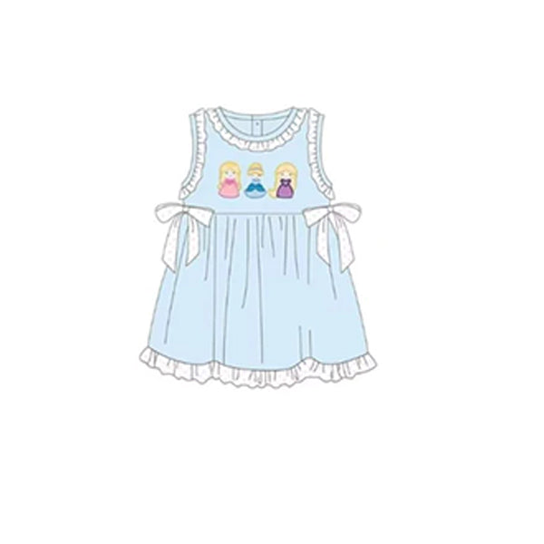 (Pre-order)GSD1564 Cartoon Princess Blue Print Girls Summer Knee Length Dress