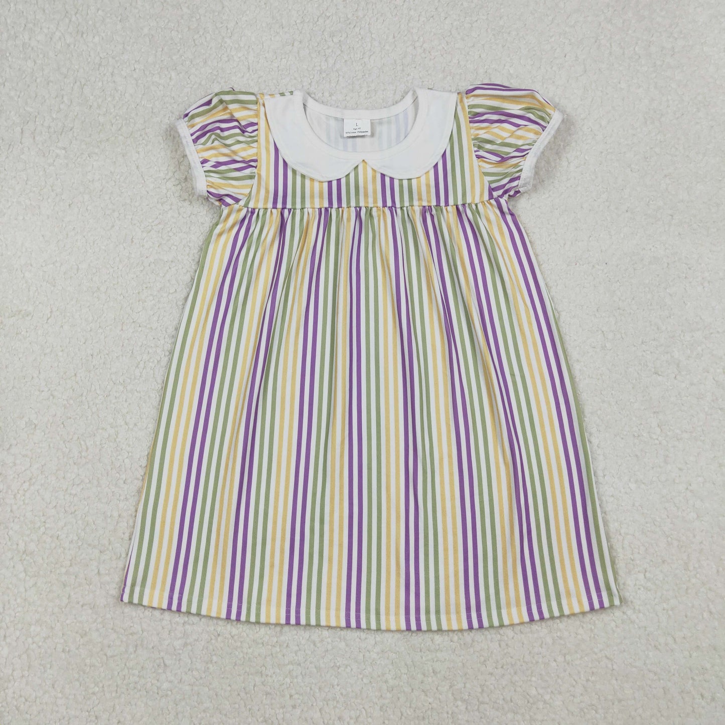GSD1571 Purple Green Yellow Stripes Print Girls Mardi Gras Knee Length Dress