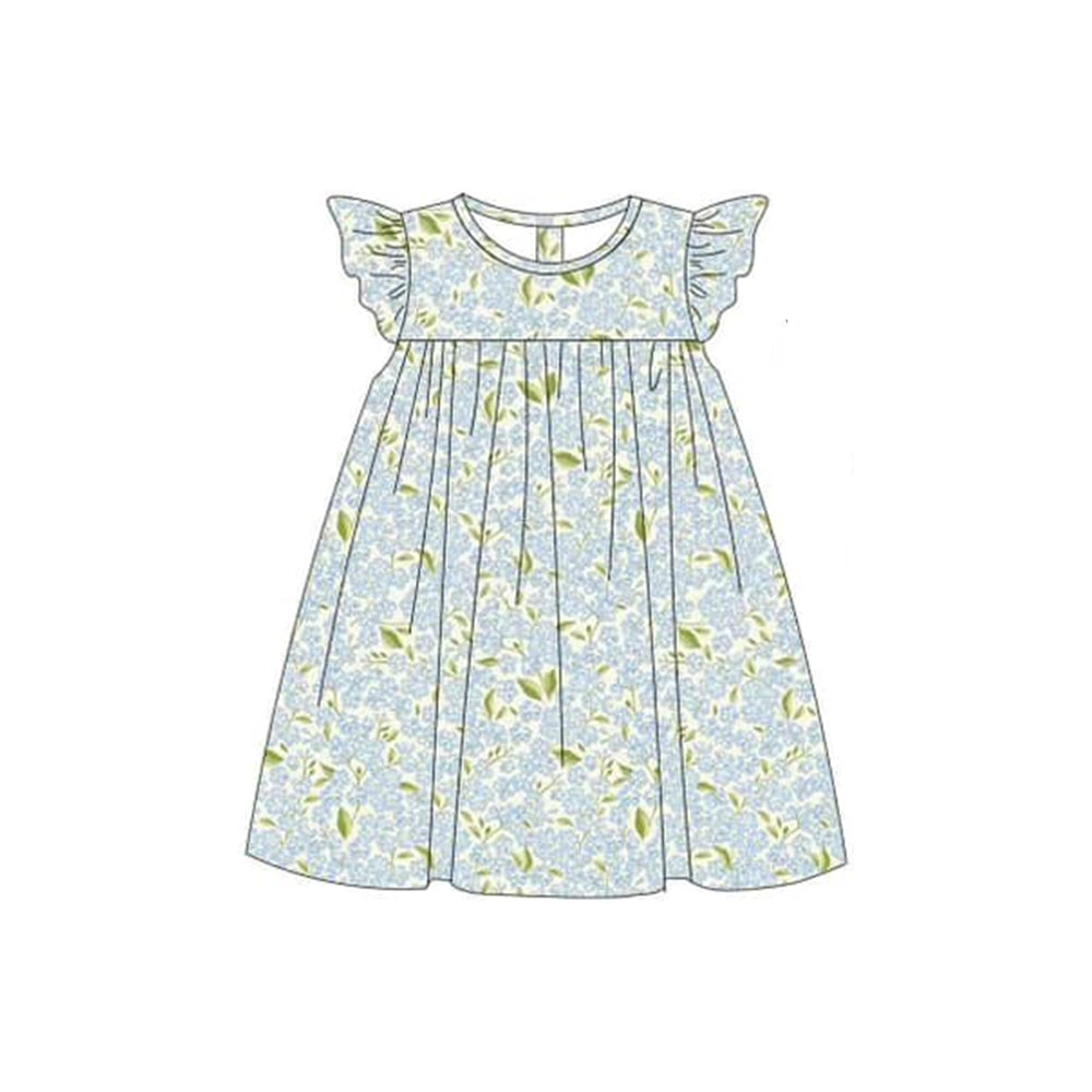 (Pre-order)GSD1587 Small Blue Flowers Print Girls Summer Knee Length Dress