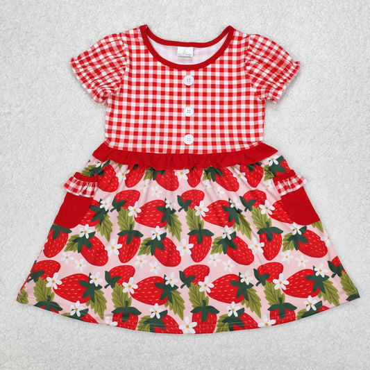 GSD1612 Strawberry Flowers Print Pockets Girls Summer Knee Length Dress