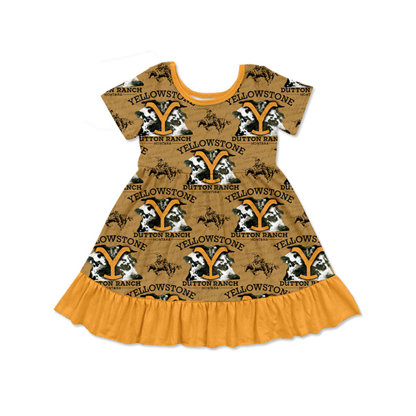 (Pre-order)GSD1621 Yellowsto* Cowboy Western Print Girls Summer Knee Length Dress
