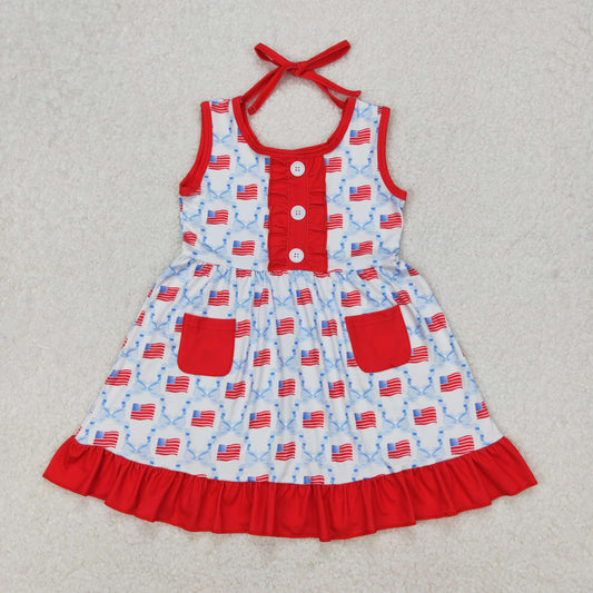 GSD1625 Bows Flags Print Pockets Girls 4th of July Knee Length Dress