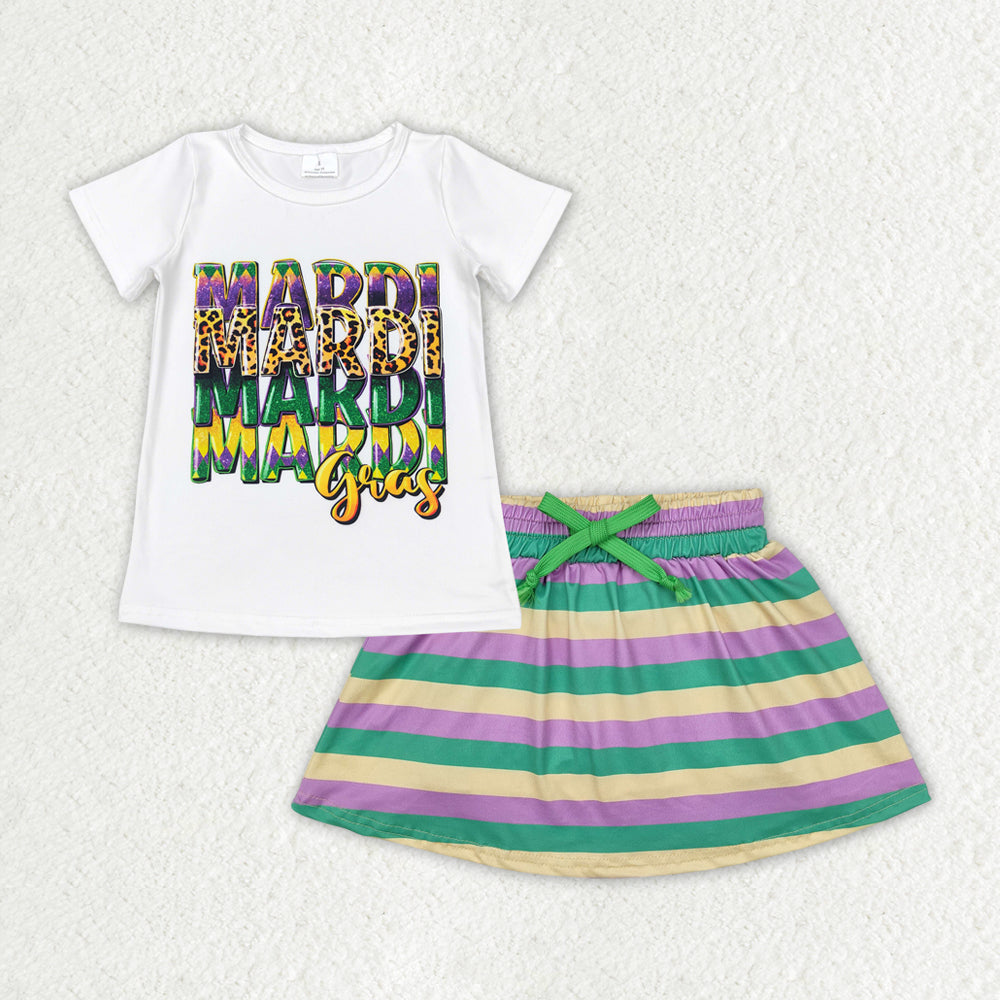 GSD1628 Mardi Gras Top Stripes Skirts Shorts Girls Clothes Set