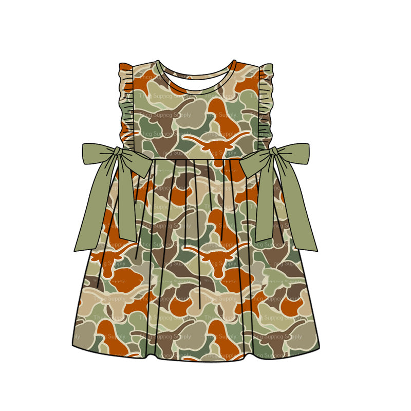 (Pre-order)GSD1637 Green Camo Cows Print Girls Summer Knee Length Dress