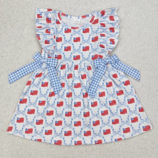 GSD1641 Bows Flags Print Girls 4th of July Knee Length Dress