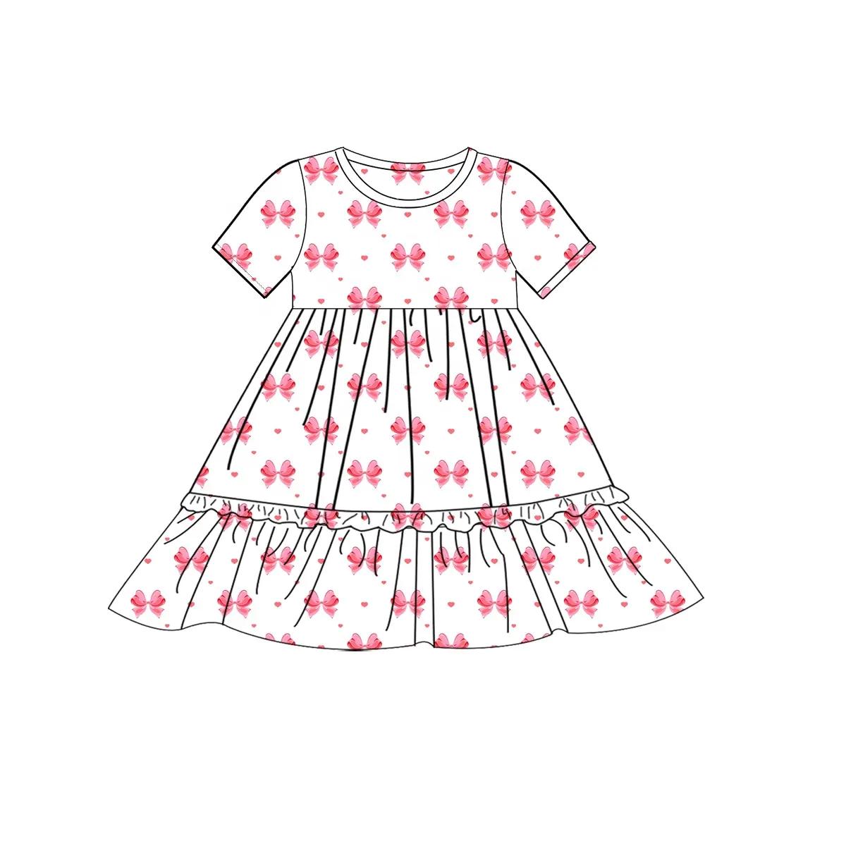 (Pre-order)GSD1648 Bows Heart Pink Print Girls Valentine's Day Knee Length Dress
