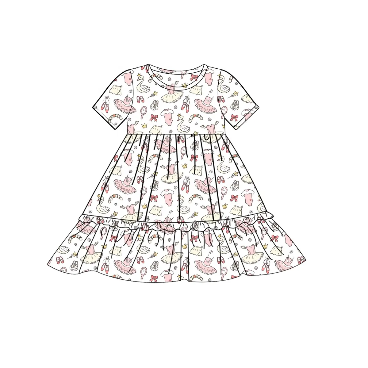 (Pre-order)GSD1649 Dancing Pink Print Girls Summer Knee Length Dress