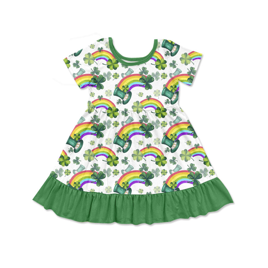 (Pre-order)GSD1669 Rainbow Hat Leaf Print Girls St. Patrick's Day Knee Length Dress