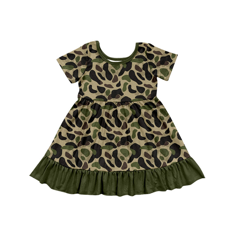(Pre-order)GSD1670 Green Camo Print Girls Summer Knee Length Dress