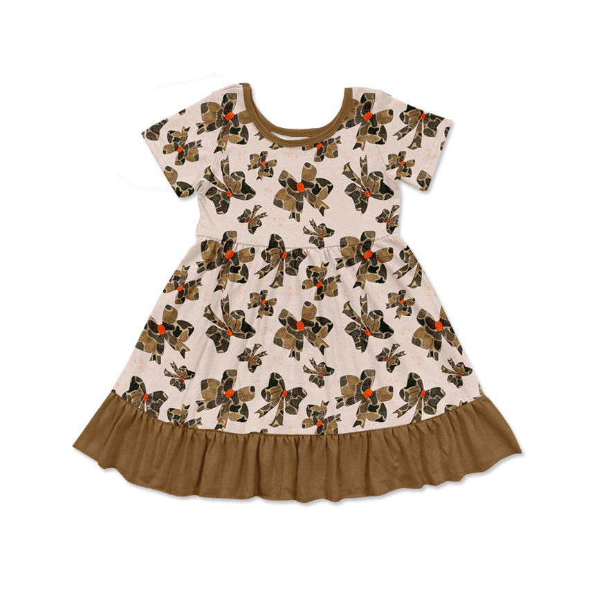 (Pre-order)GSD1672 Camo Bows Brown Print Girls Summer Knee Length Dress