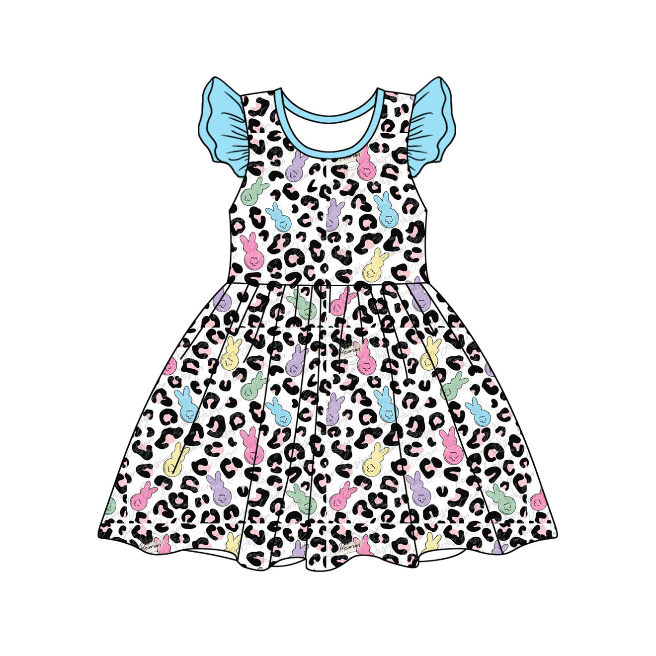 (Pre-order)GSD1679 Bunny Leopard Print Girls Easter Knee Length Dress