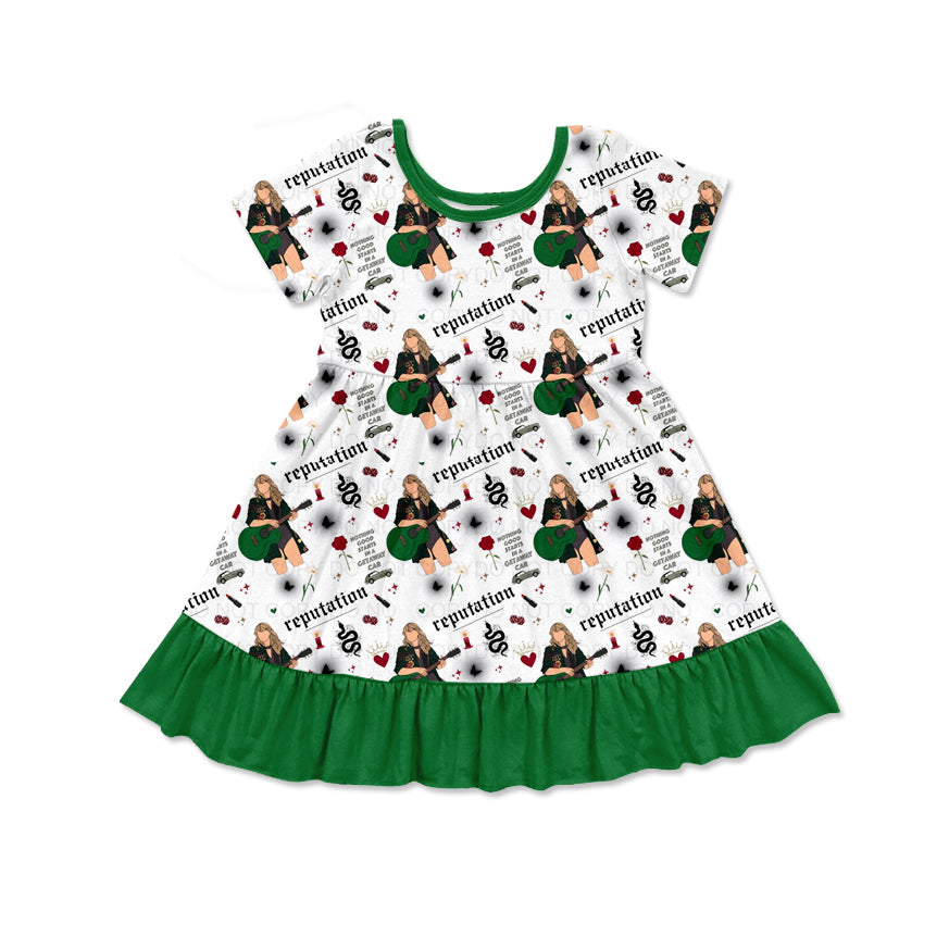 (Pre-order)GSD1681 Singer Swiftie Green Print Girls Summer Knee Length Dress