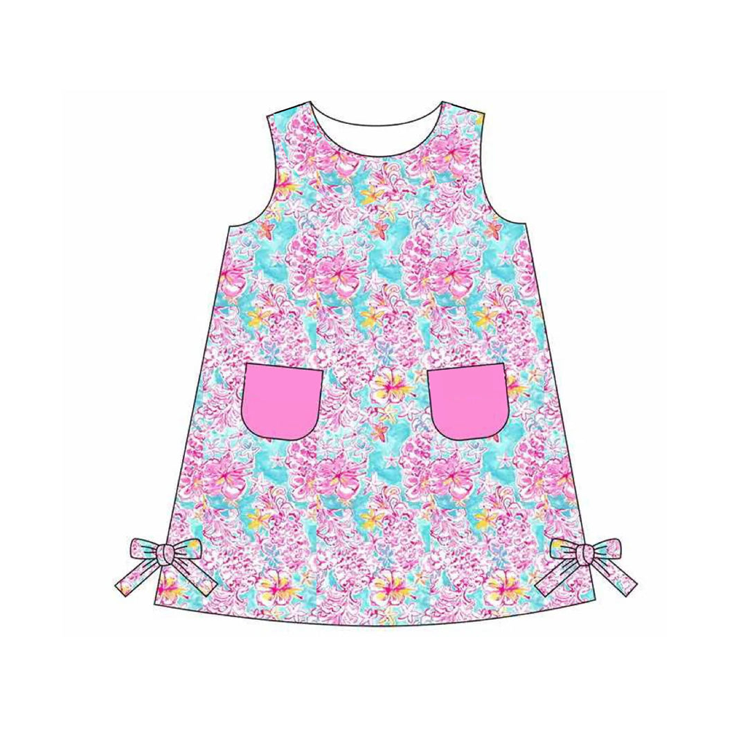 (Pre-order)GSD1685 Pink Flowers Print Girls Summer Sleeveless Knee Length Dress