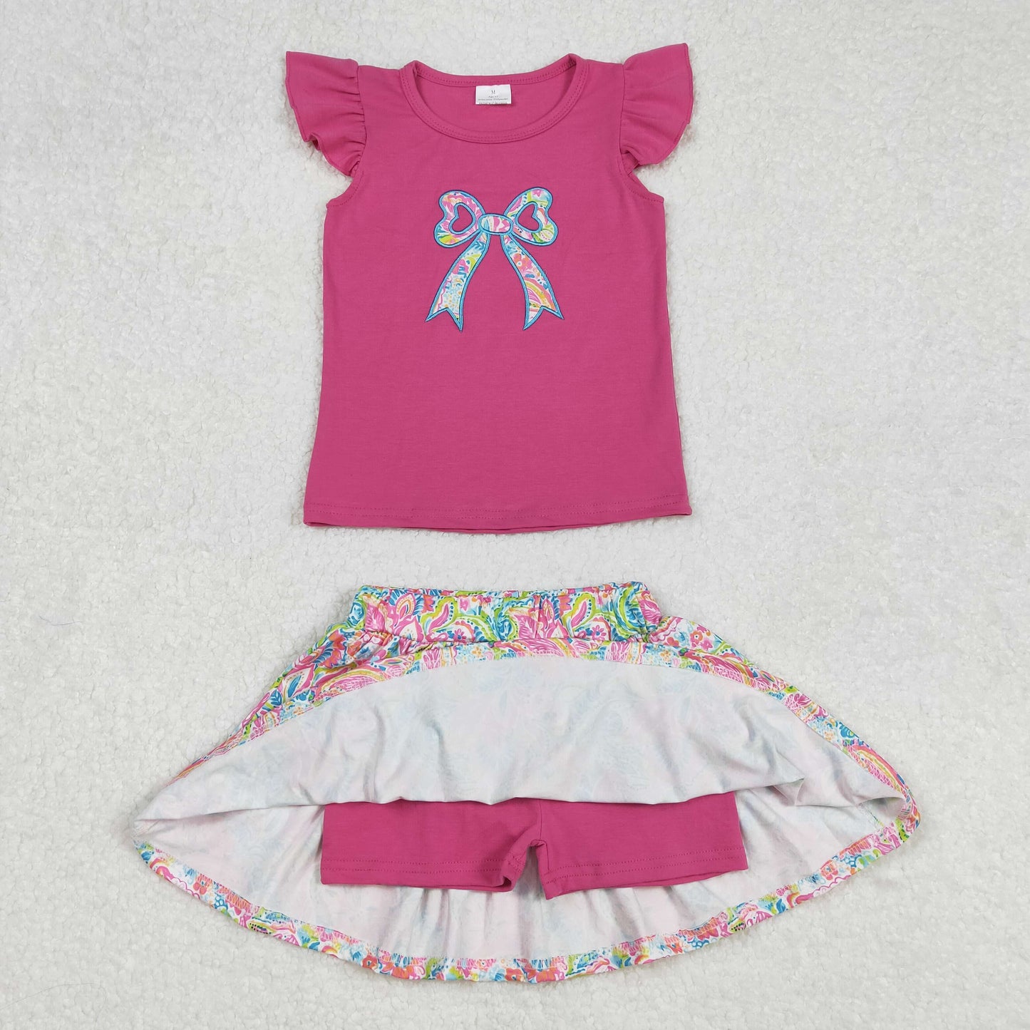 Bow Embroidery Solid Top Flowers Skirts Shorts Girls Summer Outfits Sisters Wear