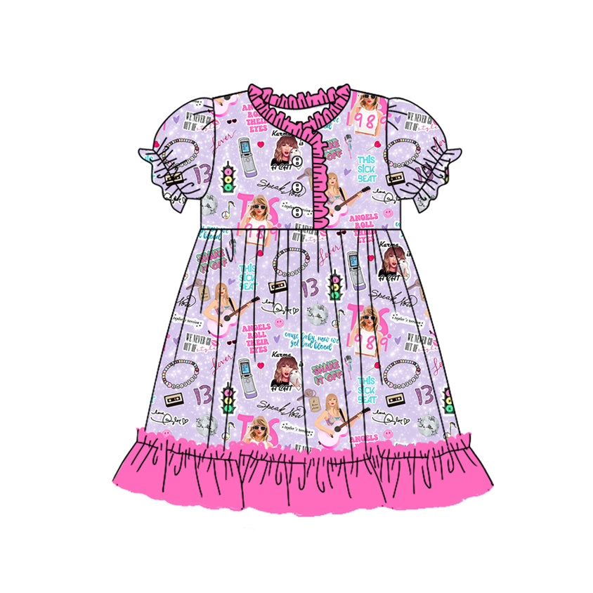 (Pre-order)GSD1694 Singer Swiftie Purple Print Girls Summer Knee Length Dress