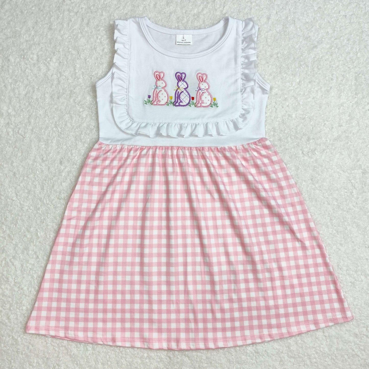 GSD1696 Bunny Flowers Embroidery Pink Plaid Print Girls Easter Knee Length Dress