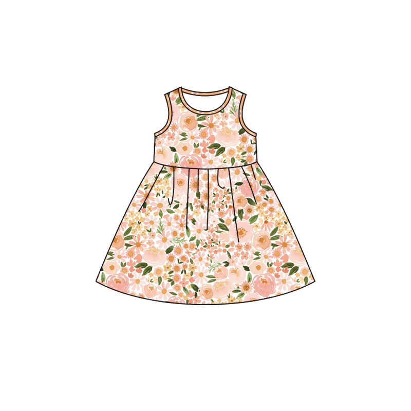 (Pre-order)GSD1698 Orange Flowers Print Girls Summer Knee Length Dress