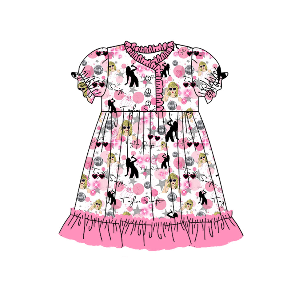(Pre-order)GSD1710 Singer Swiftie Pink Print Girls Summer Knee Length Dress