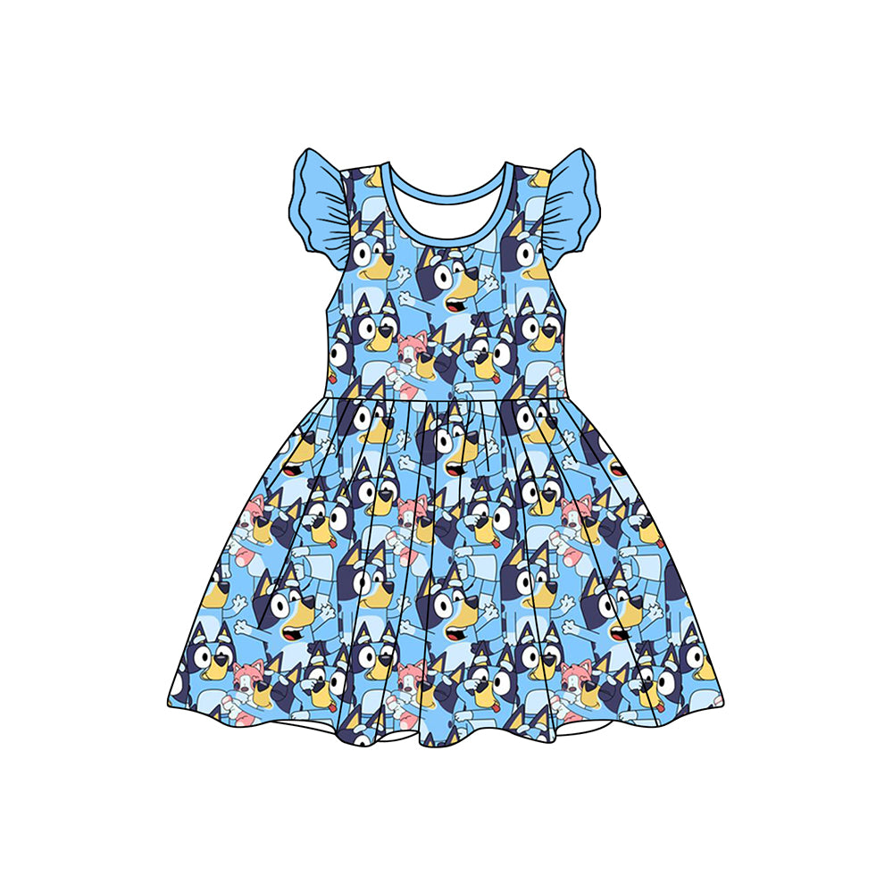 (Pre-order)GSD1726 Cartoon Dog Blue Print Girls Summer Knee Length Dress