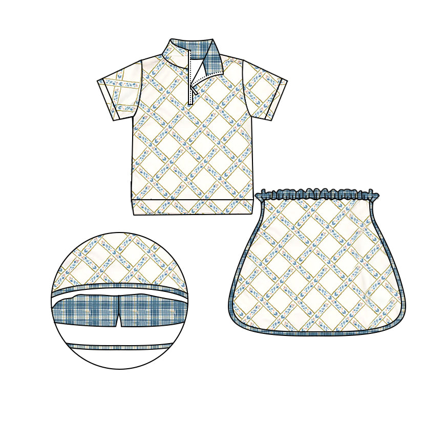 (Pre-order)GSD1733 Small Flowers Plaid Zipper Top Skirts Shorts Gilrs Sports Clothes Set