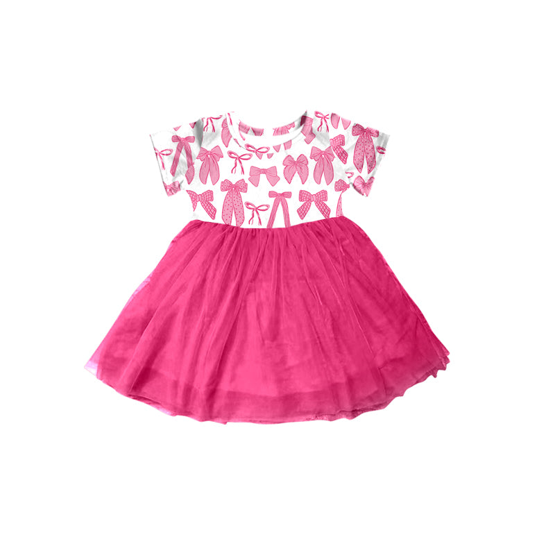 (Pre-order)GSD1735 Pink Bows Print Girls Summer Knee Length Tulle Dress