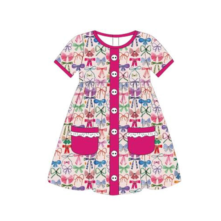 (Pre-order)GSD1740 Colorful Bows Print Pockets Girls Summer Knee Length Dress