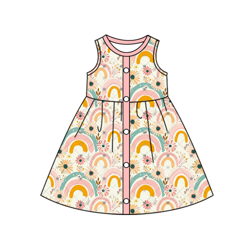 (Pre-order)GSD1743 Rainbow Flowers Print Girls Summer Knee Length Dress