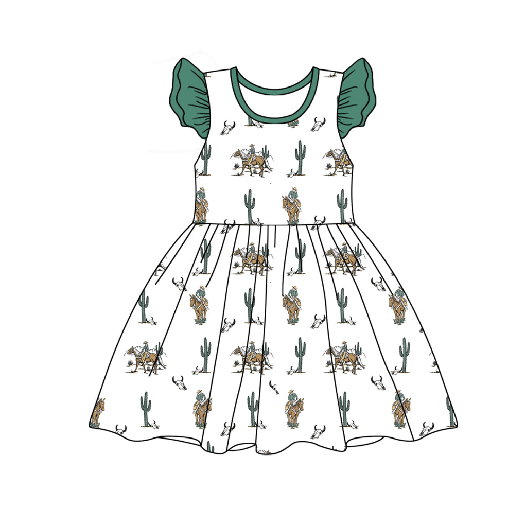 (Pre-order)GSD1744 Cowgirl Cactus Print Girls Summer Knee Length Dress