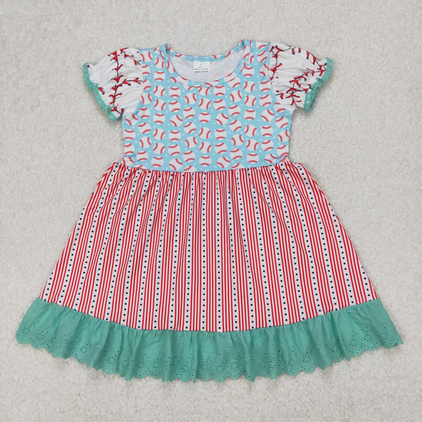 GSD1749 Baseball Print Girls Summer Knee Length Dress