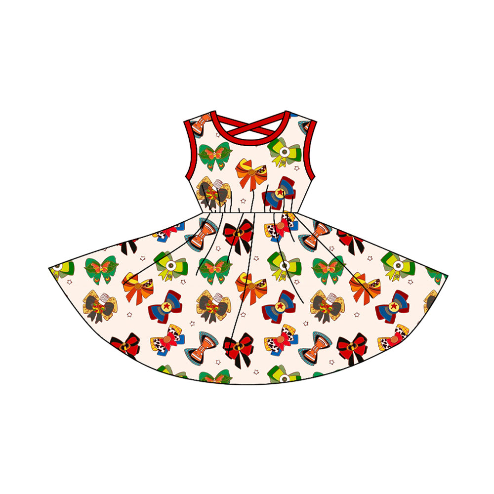 (Pre-order)GSD1756 Cartoon Figure Bows Print Girls Summer Knee Length Dress