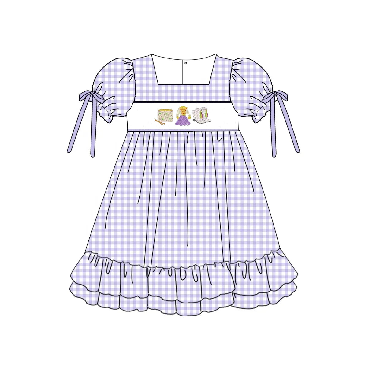 (Pre-order)GSD1768 Drum Dress Boots Purple Plaid Print Girls Mardi Gras Knee Length Dress