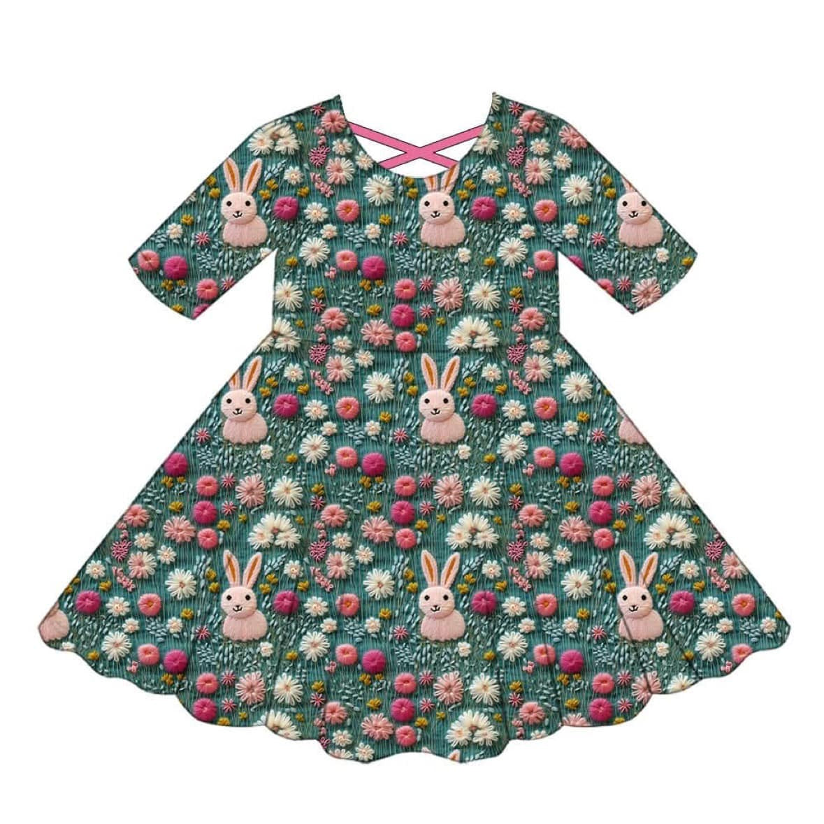 (Pre-order)GSD1769 Bunny Flowers Print Girls Easter Knee Length Dress