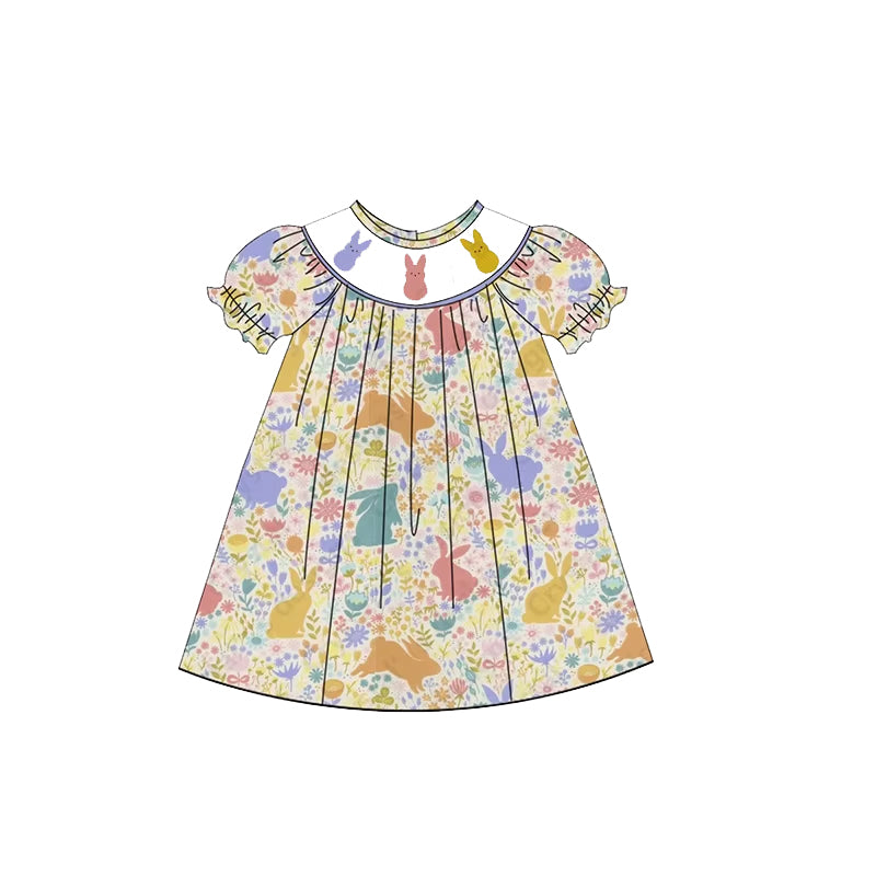 (Pre-order)GSD1770 Bunny Flowers Print Girls Easter Knee Length Dress