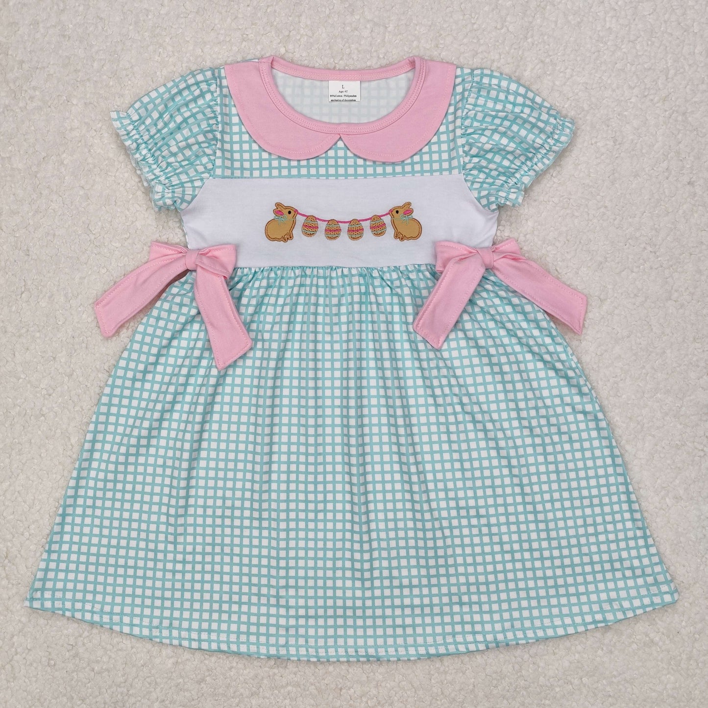 GSD1773 Bunny Eggs Embroidery Blue Plaid Print Girls Easter Knee Length Dress