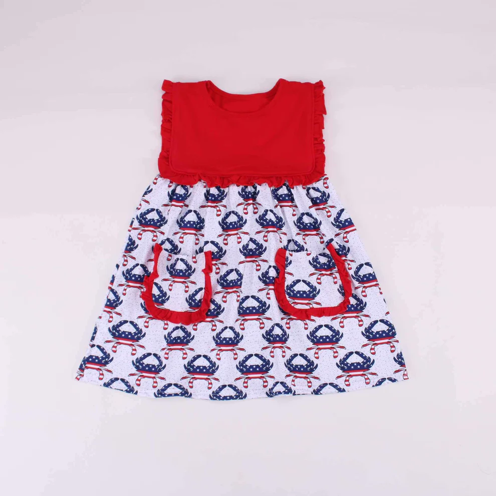 (Pre-order)GSD1774 Crab Stars Print Girls 4th of July Knee Length Dress