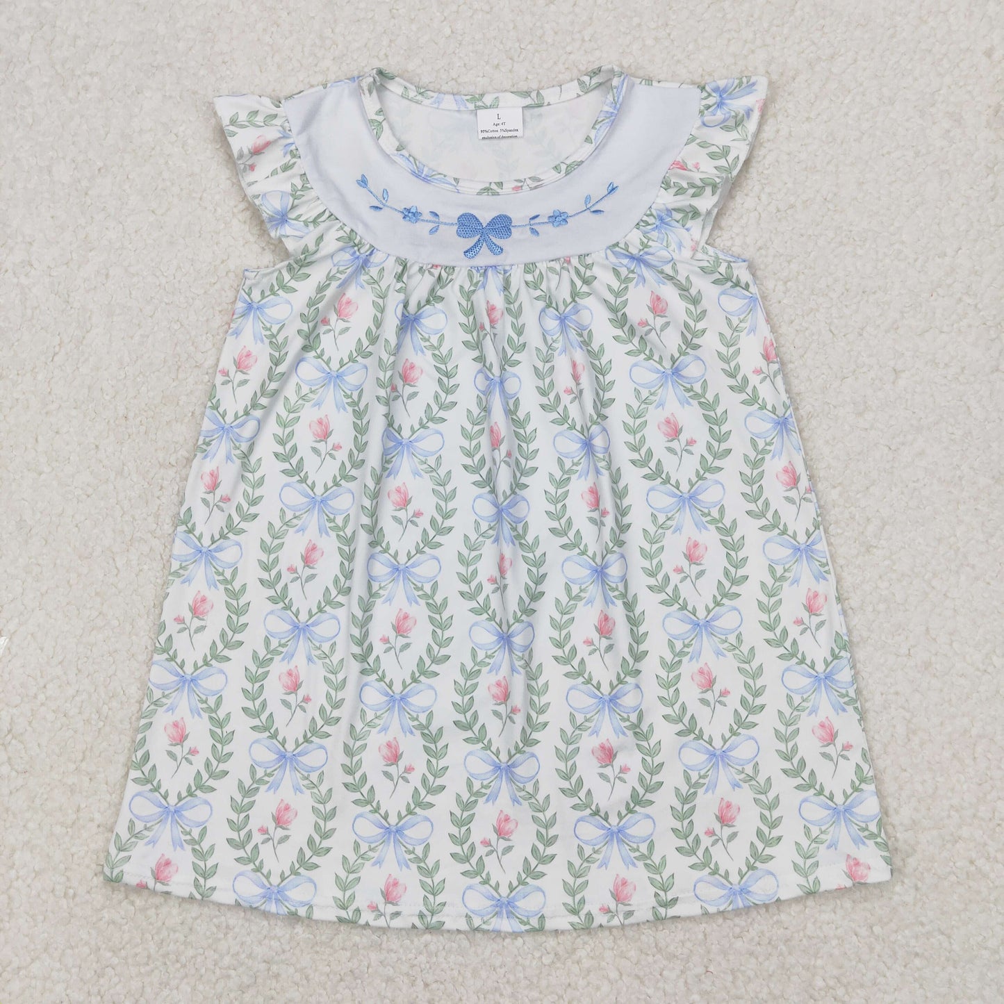 GSD1779 Bows Embroidery Flowers Print Girls Summer Knee Length Dress