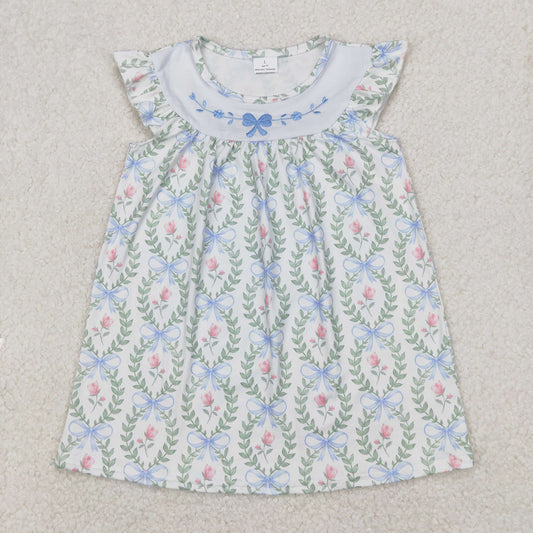 GSD1779 Bows Embroidery Flowers Print Girls Summer Knee Length Dress