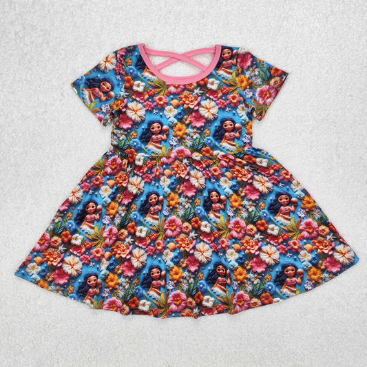 GSD1785 Cartoon Princess Flowers Print Girls Summer Knee Length Dress