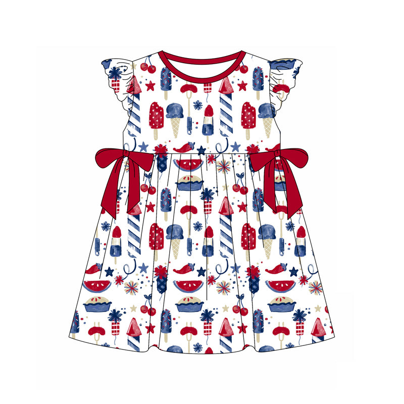 (Pre-order)GSD1791 Popsicle Food Print Girls 4th of July Knee Length Dress